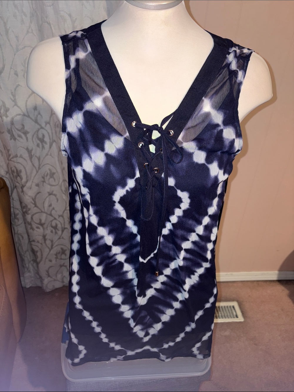 INC International Concepts Navy & White Tie-Dye Lace-Up Tank